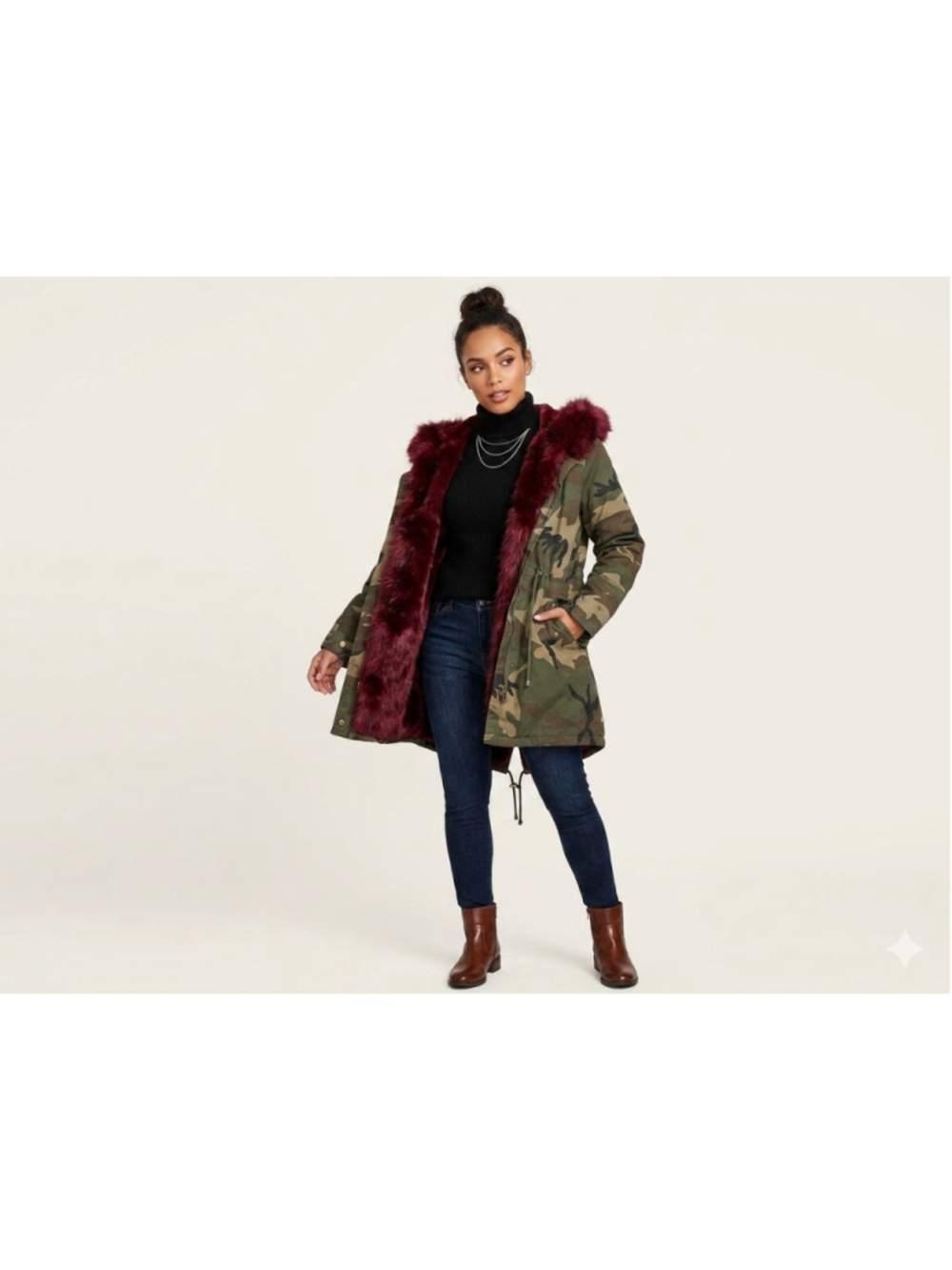 LALA Coalition Camo Parka Jacket XL Burgundy Faux Fur Lined Hooded Winter Coat